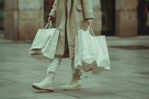 ai gegenereerd jong meisje wandelen met haar boodschappen doen Tassen in de straat foto