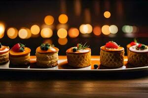 ai gegenereerd een schotel van klein desserts Aan een houten tafel foto