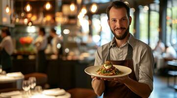 ai gegenereerd een server houdt een bord van voedsel in een restaurant foto