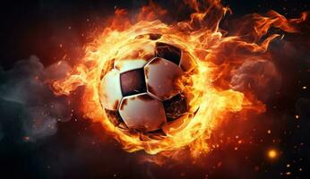 ai gegenereerd een beeld van een voetbal bal dat is omringd door brand foto