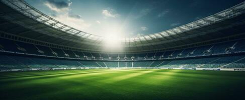 ai gegenereerd een groot veld- Bij de stadion met de licht schijnend in het foto