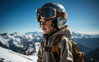 ai gegenereerd een jongen skiën in de bergen met zijn uitrusting Aan foto
