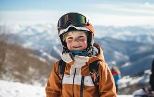 ai gegenereerd een jongen skiën in de bergen met zijn uitrusting Aan foto