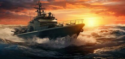 ai gegenereerd een mooi leger boot Aan de oceaan Bij zonsondergang foto