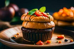 een koekje met tomaten en basilicum Aan een houten bord. ai-gegenereerd foto