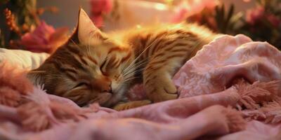 ai gegenereerd een verdwaald kat in slaap Aan een deken foto