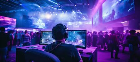 ai gegenereerd een gezeten persoon Bij een gaming conventie poseren Aan schermen foto