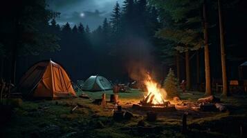 ai gegenereerd een tent en tenten zijn reeks omhoog Bij een buitenshuis camping in de omgeving van de kampvuur foto