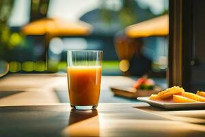 een glas van oranje sap zit Aan een tafel De volgende naar een bord van voedsel. ai-gegenereerd foto
