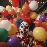 ai gegenereerd clown in een partij met ballonnen foto