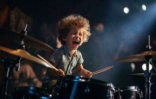 ai gegenereerd een jong jongen is spelen drums in een rots concert foto