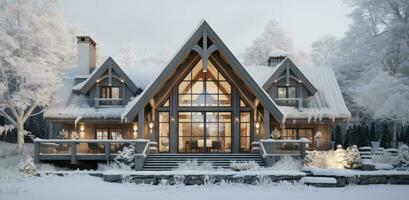 ai gegenereerd een rustiek huis in een wit besneeuwd winter tafereel foto