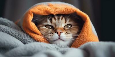 ai gegenereerd kat houdende naar beneden in een deken Aan een grijs achtergrond met poten uitgebreid foto