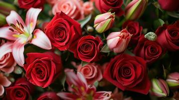 ai gegenereerd boeketten van rood rozen, delicaat lelies, en aromatisch bloemblaadjes foto