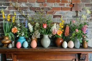 ai gegenereerd kleurrijk eieren en voorjaar bloemen kader haard foto