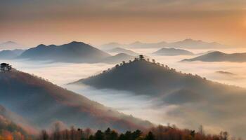 ai gegenereerd een mooi visie van bergen en mist in de ochtend- foto