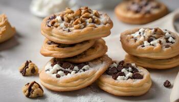 ai gegenereerd een stack van koekjes met noten en chocola chips foto