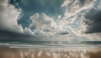 ai gegenereerd een strand onder een bewolkt lucht met golven en wolken foto