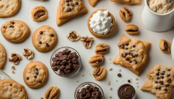 ai gegenereerd een verscheidenheid van koekjes en andere behandelt Aan een wit oppervlakte foto