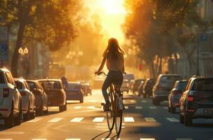 ai gegenereerd een jong vrouw rijden haar fiets over- verkeer foto