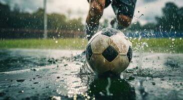 ai gegenereerd atleet spelen voetbal met water Aan een bal foto