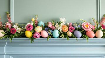 ai gegenereerd kleurrijk eieren en voorjaar bloemen kader haard foto