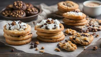 ai gegenereerd chocola spaander koekjes met geslagen room en noten foto