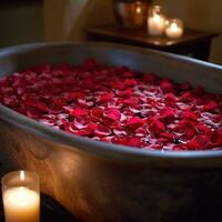 ai gegenereerd rozenblaadjes gevuld badkuip, kaarsen, en aromatisch essentieel oliën foto