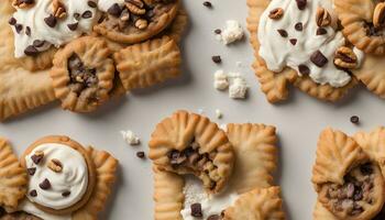 ai gegenereerd chocola spaander koekje gebakjes met room kaas en pecannoten foto