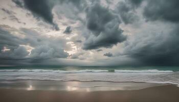 ai gegenereerd een stormachtig lucht over- de oceaan en strand foto