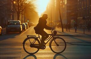 ai gegenereerd vrouw fiets Aan stad straat foto