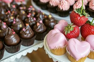 ai gegenereerd decadent chocolaatjes, aardbeien, en hartvormig desserts foto