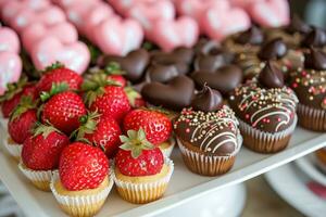 ai gegenereerd decadent chocolaatjes, aardbeien, en hartvormig desserts foto