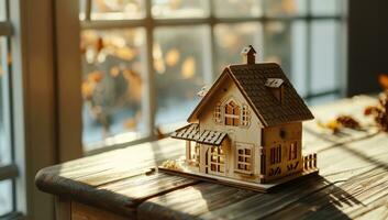 ai gegenereerd een houten huis model- Aan de houten tafel in voorkant van een venster foto