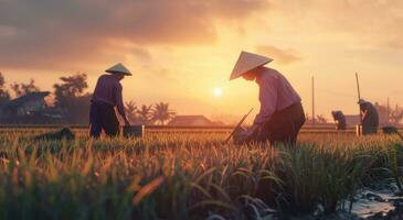 ai gegenereerd deze boeren werk met hun handen in de veld- Bij zonsondergang foto