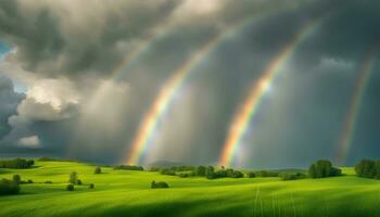 ai gegenereerd regenboog over- groen veld- met bomen en lucht foto