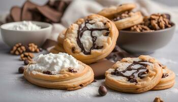 ai gegenereerd chocola spaander koekjes met geslagen room en noten foto