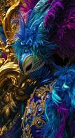 ai gegenereerd carnaval klant met blauw en Purper veren foto