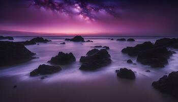 ai gegenereerd een Purper lucht over- de oceaan met rotsen en water foto