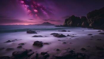 ai gegenereerd een Purper lucht en sterren over- de oceaan foto