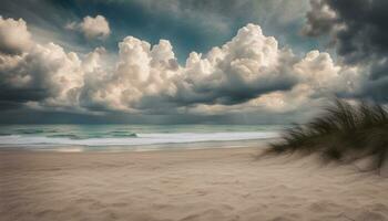 ai gegenereerd een strand met zand en wolken foto