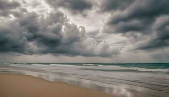 ai gegenereerd een strand onder een bewolkt lucht met golven en zand foto