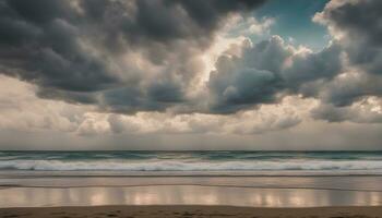 ai gegenereerd een strand onder een bewolkt lucht met golven en wolken foto