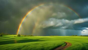 ai gegenereerd regenboog over- groen veld- met aarde weg foto