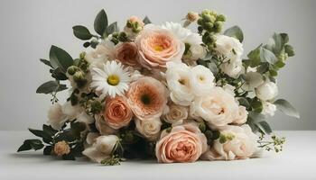 ai gegenereerd een boeket van wit en perzik bloemen Aan een tafel foto