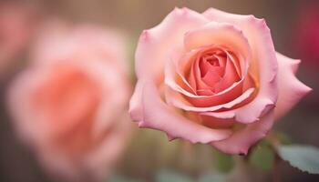 ai gegenereerd een dichtbij omhoog van een roze roos met wazig achtergrond foto