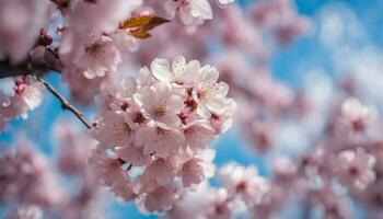 ai gegenereerd kers bloesems Aan een boom in voorkant van een blauw lucht foto