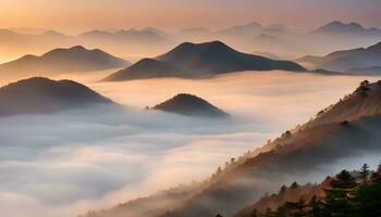 ai gegenereerd een visie van bergen gedekt in mist Bij zonsopkomst foto