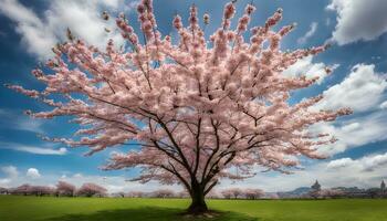ai gegenereerd een groot roze boom in een veld- met blauw lucht foto