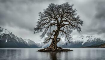 ai gegenereerd een boom staat alleen Aan een klein eiland in de midden- van een meer foto